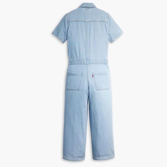 Levi’s Denim Jumpsuit M Short Sleeve Snap Button Front Cropped Utility One-Piece - Picture 2 of 12